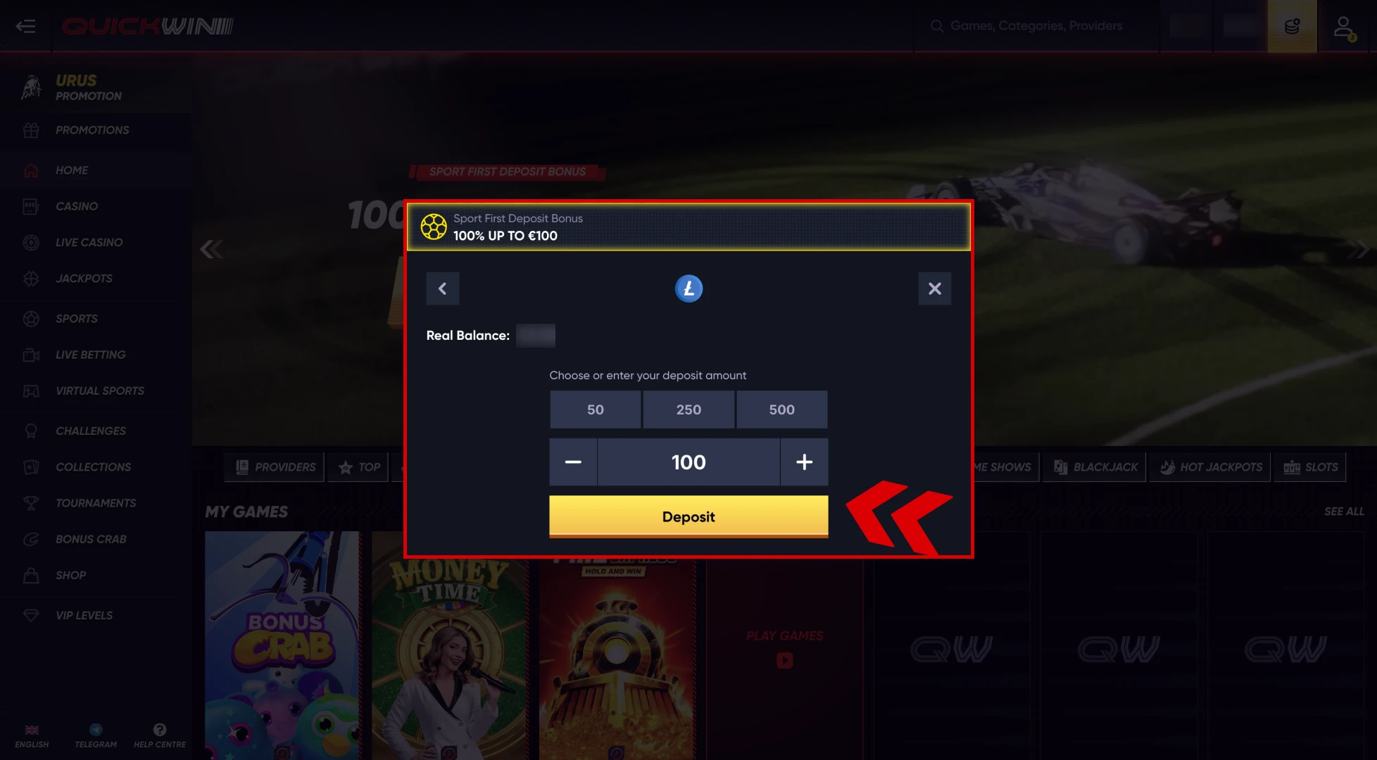 Enter the amount and confirm your deposit at Quickwin.