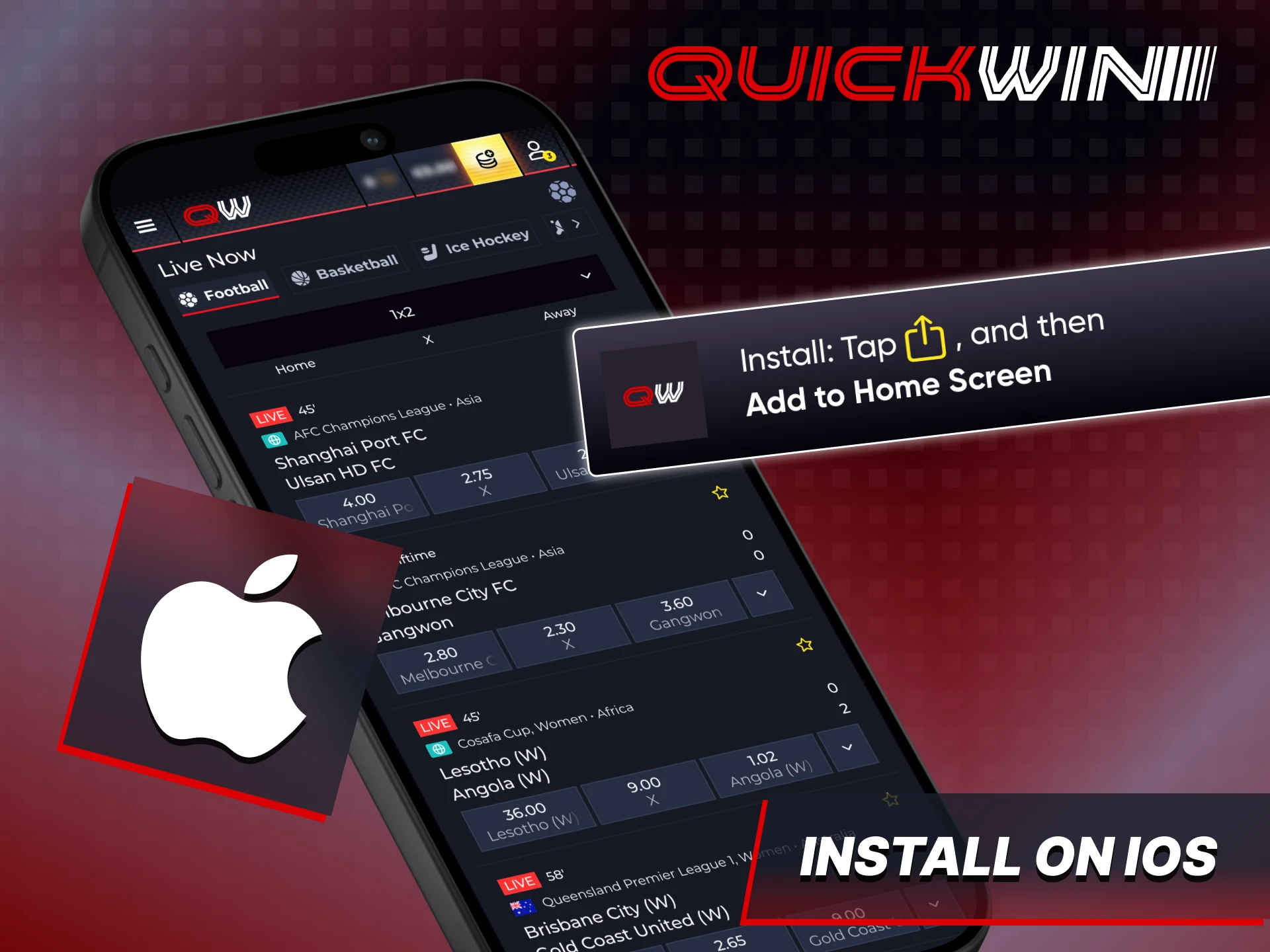 Install Quickwin iOS version on your device for mobile betting.